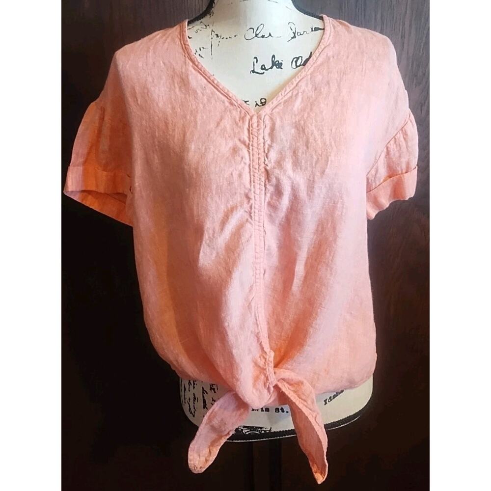 Linen Charter Club Women's Large Orange Peach Front Tie Short Sleeve Lightweight